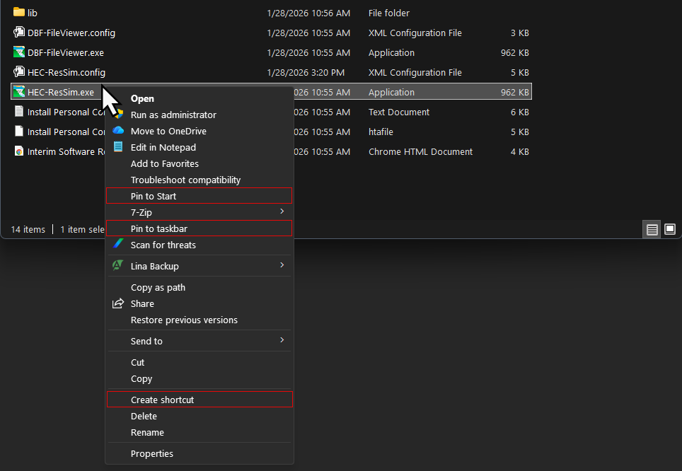 Right-click on the HEC-ResSim.exe and Select more options to create a shortcut, pin to Start and/or pin to taskbar. software to Pin to taskbar.