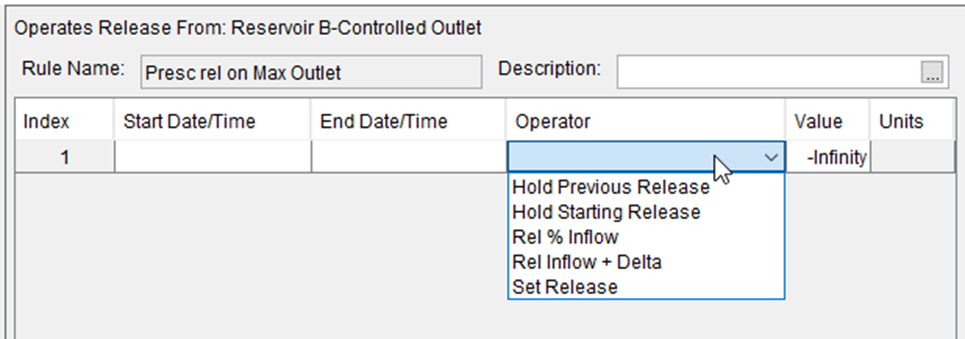 Third example of the list of available operators for an outlet defined with a range of gate settings. The list of operators for this example include: Hold Previous Release, Hold Starting Release, Rel % Inflow, Rel Inflow + Delta, and Set Release.