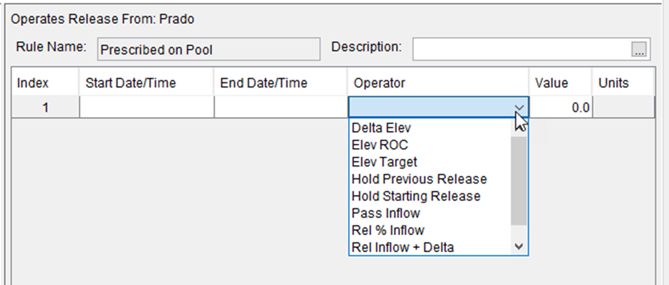 Second list of available operators for an outlet defined with a range of gate settings. List of operators not included in the first list are: Delta Elev, Elev ROC (rate of change), Elev Target, and Pass Inflow.
