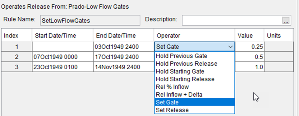 First list of available operators for an outlet defined with a range of gate settings, for the reservoir pool, and for an outlet defined with only a maximum capacity curve.  List includes: Set Gate, Hold Previous Gate, Hold Previous Release, Hold Starting Gate, Hold Starting Release, Rel % Inflow, Rel Inflow + Delta, and Set Release.