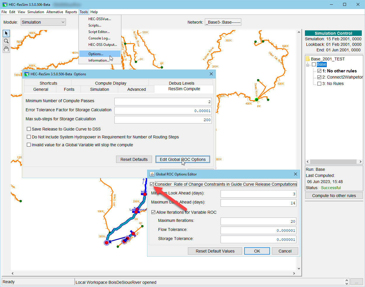 To turn off the rate of change rules, click Options from the Tools menu, click the Edit Global ROC Options from the ResSim Compute tab, and then uncheck the Consider Rate of Change Constraints in Guide Curve Release Computations.