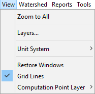 View menu commands, which include: Zoom to All, Layers, Unit System, Restore Windows, Grid Lines (checked or enabled), and Computation Point Layer