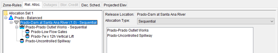 Example for a reservoir imported into Version 3.5 with a customized “Release Allocation Strategy,” which was imported to HEC-ResSim 3.5 as “Allocation Set 1” - Sequential allocation type