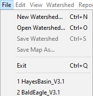 File menu list displaying the enabled New Watershed, Open Watershed, Exit, and two recent watersheds listed. The disabled File menu commands are Save Watershed and Save Map As.