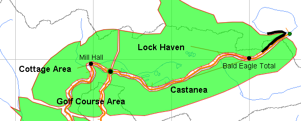Example image of impact areas. Four names can be seen in the image and they are Cottage Area, Golf Course Area, Lock Haven and Castanea. These represent the four impact areas displayed as green polygons.