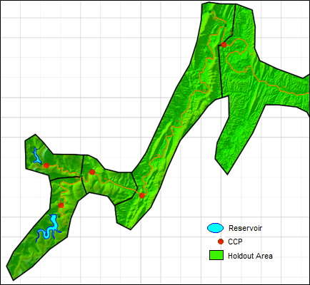 Example of Common Computation Point and Holdout Area Placement in HEC-FIA for a Two-Reservoir System