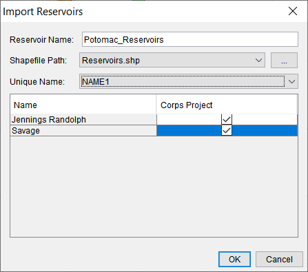 HEC-FIA Import Reservoirs Menu