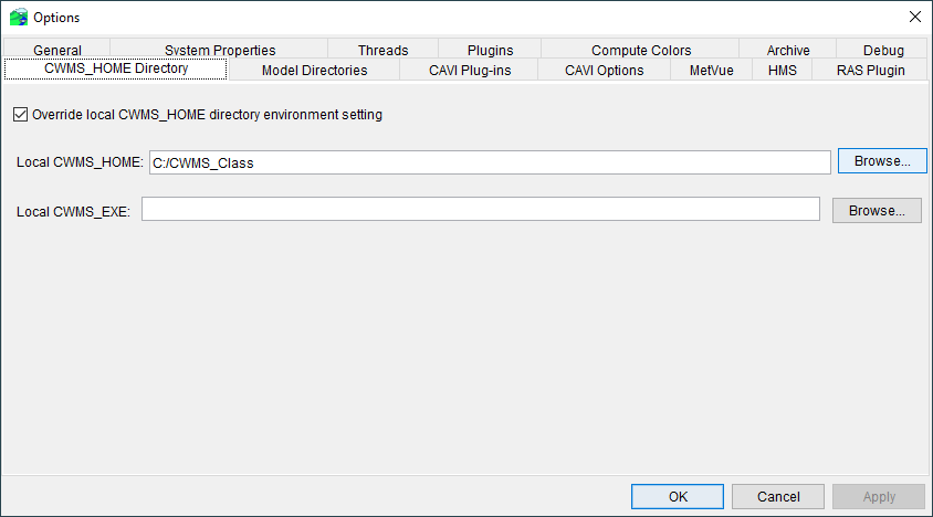 CAVI Options Menu - CWMS_HOME Directory