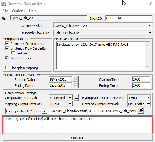 Unsteady Flow Analysis Dialog - With Breach Scenario