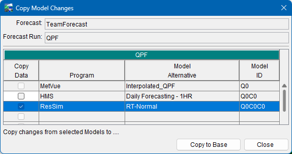 Copy Model Changes Dialog