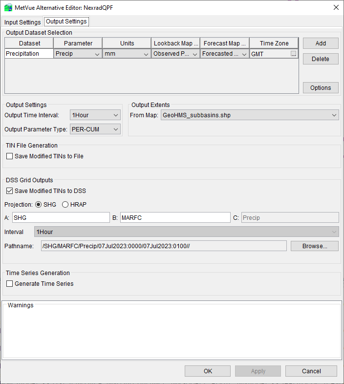 MetVue Alternative Editor Dialog - Output Settings Tab