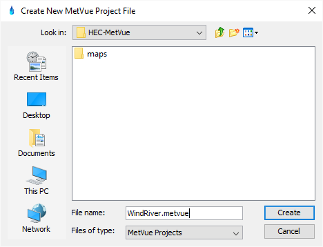 Create New MetVue Project File Explorer