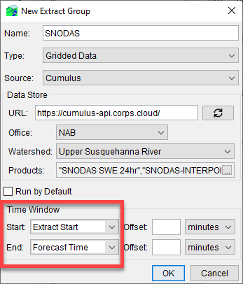 New Extract Group Dialog - Time Window Options