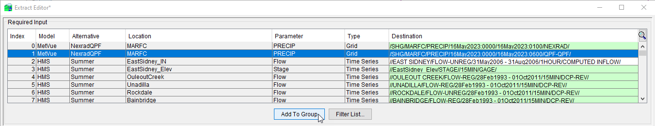 Extract Editor Dialog - Required Input Table