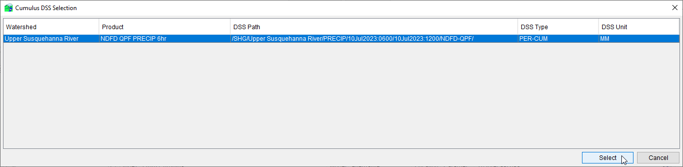 Cumulus DSS Selection Dialog