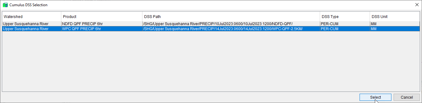 Cumulus DSS Selection Dialog