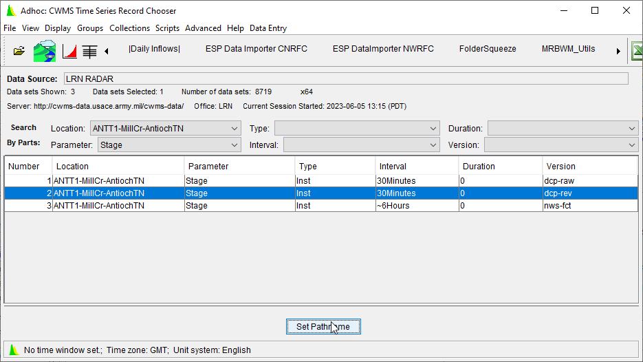 CWMS Time Series Records Chooser Dialog with Data from CDA Selected CWMS Time Series Records Chooser Dialog with Data from CDA Selected