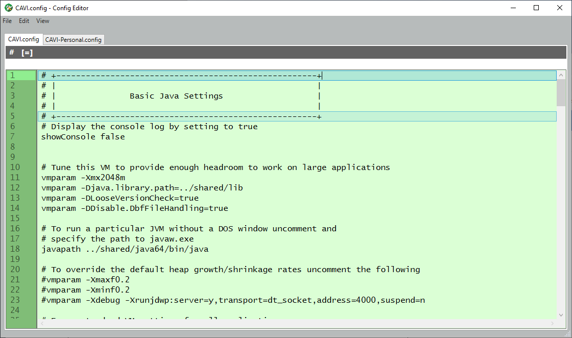Config Editor with CAVI.config and CAVI-Personal.config Files Open