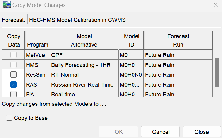 Copy Model Changes dialog