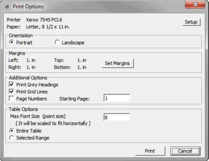 Figure 2 Print Options Dialog - HEC-RAS