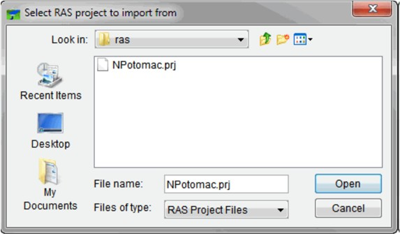 Figure 1 Select HEC-RAS project to import from Browser 