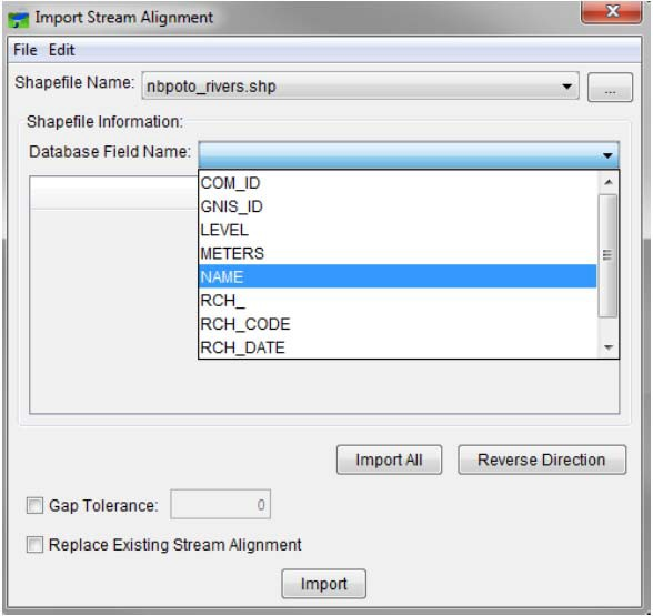 Figure 3 Selecting a Database Field Name when Importing a Stream Alignment