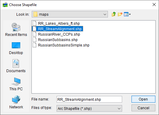 Figure 2 File Browser to Select a Shapefile to Import a Stream Alignment 