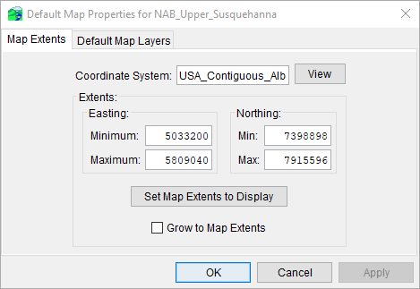 Default Map Properties Dialog - Map Extents Tab
