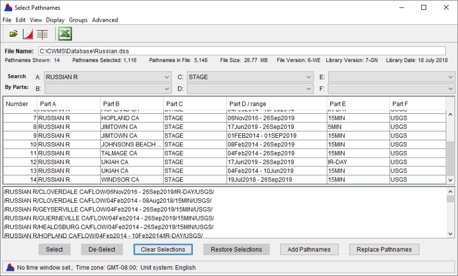 Select Pathnames Dialog with Data