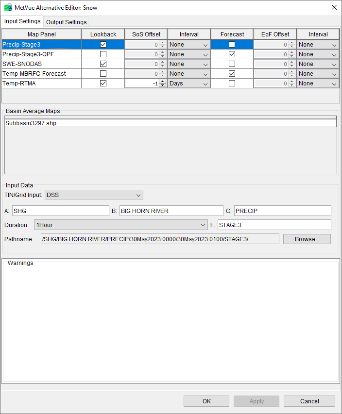 MetVue Alternative Editor Dialog - Input Settings Tab