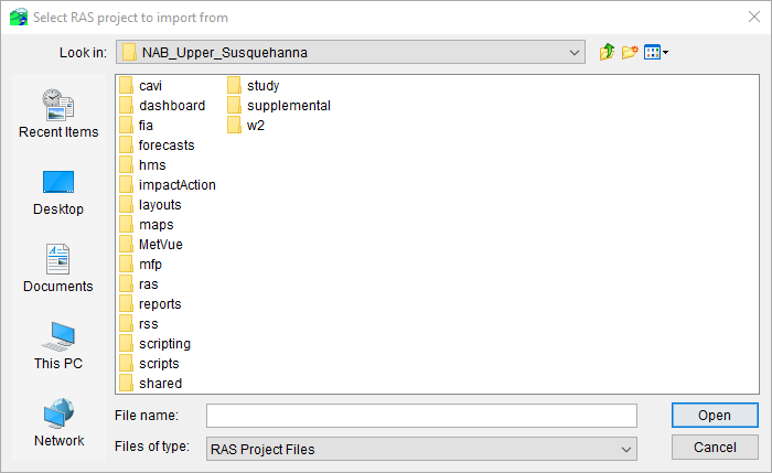 Select RAS Project To Import From Dialog
