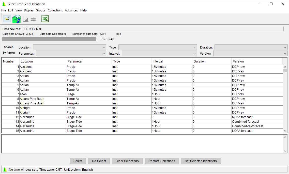 CWMS Database - Select Time Series Identifiers Dialog