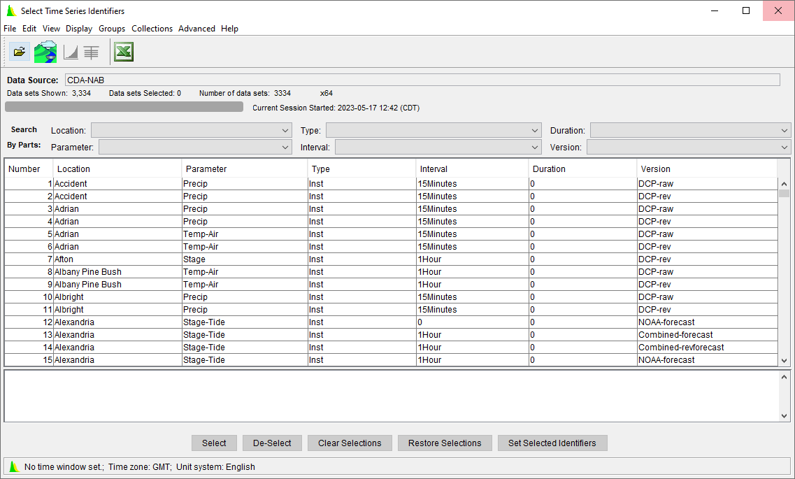 CWMS Data API - Select Time Series Identifiers Dialog