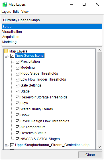 Map Layers Dialog - Time Series Icons Layers Displayed