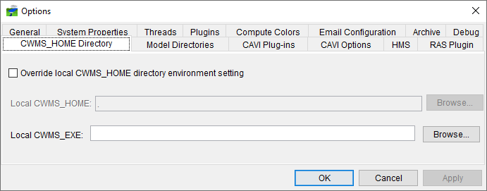 Options Dialog - CWMS_HOME Directory Tab