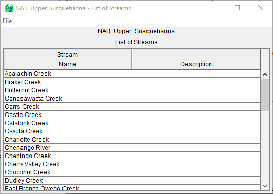 List of Streams Dialog