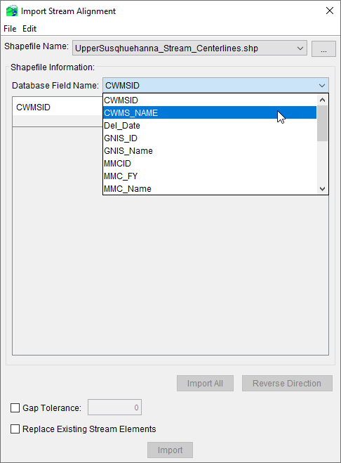 Import Stream Alignment Dialog - Database Field Name Example