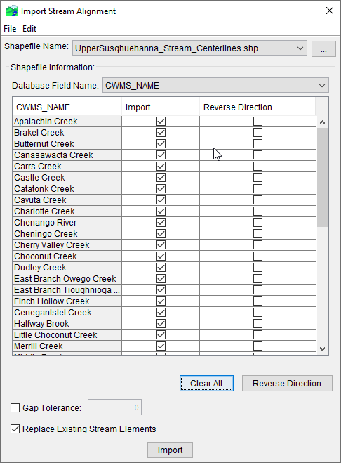 Import Stream Alignments Dialog - Streams Selected for Import