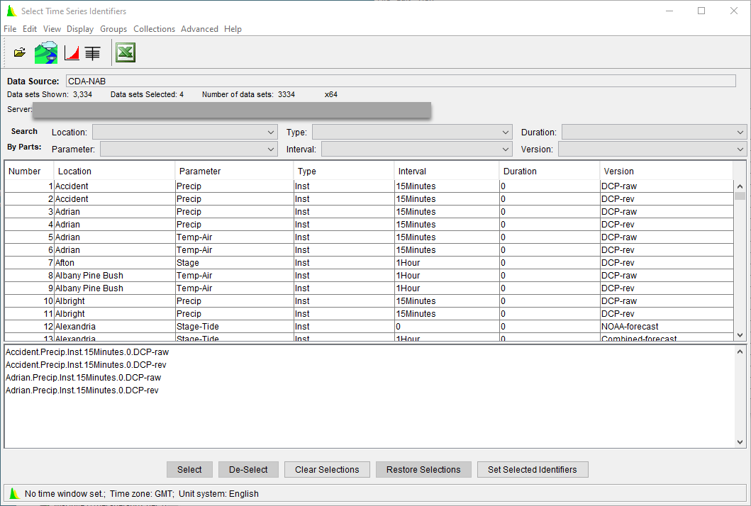 Selecting Data Sets from CWMS-Vue Browser 