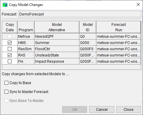 Copy Model Changes Dialog