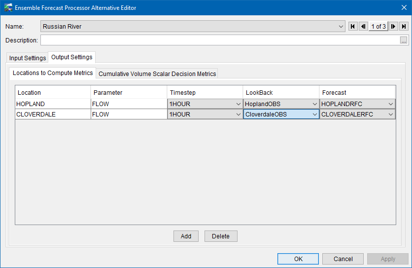 Ensemble Forecast Processor Alternative Editor - Output Settings - Locations to Compute Metrics Tab
