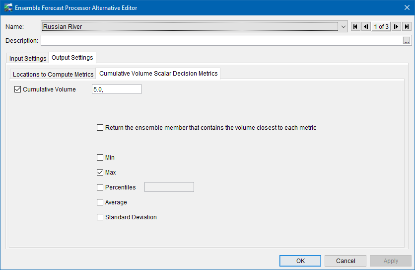 EFP Alternative Output Settings - Cumulative Volume Scalar Decision Metrics Dialog
