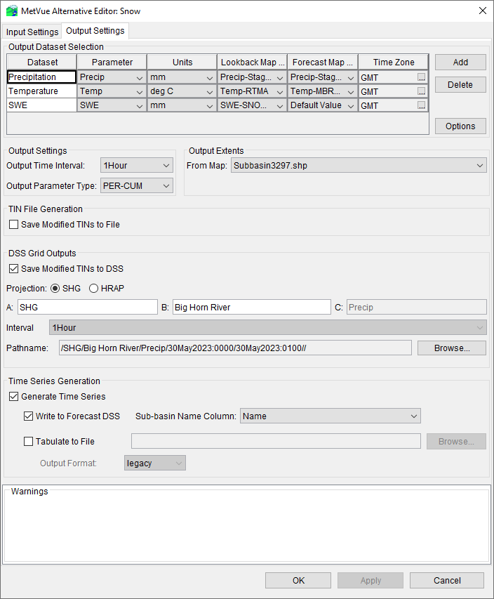 MetVue Alternative Editor Dialog - Output Settings Tab