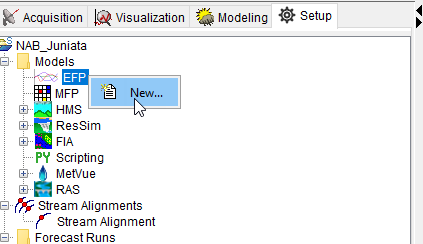 Screenshot of the CAVI setup tab with the EFP button highlighted. A 