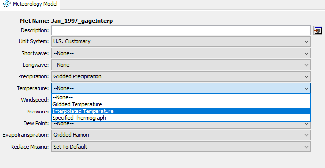 Selecting the Interpolated Temperature method in the meteorological model component editor. Selecting the Interpolated Temperature method in the meteorological model component editor.