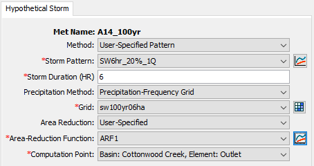 Precipitation Component Editor for the Hypothetical Storm Precipitation Method, with Precipitation-Frequency Grid precipitation specification