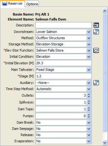 Reservoir Component Editor using the Outflow Structures Routing Method with three outlets, one spillway, and one dam top representing an emergency spillway