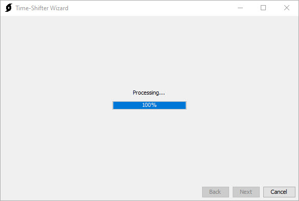 The Time-Shifter Wizard displaying the processing status The Time-Shifter Wizard displaying the processing status
