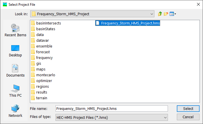 Browsing to open a project that has not been opened previously