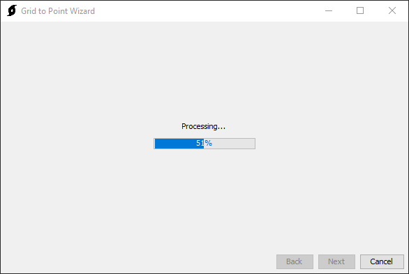 The Grid to Point Wizard displaying the processing status The Grid to Point Wizard displaying the processing status